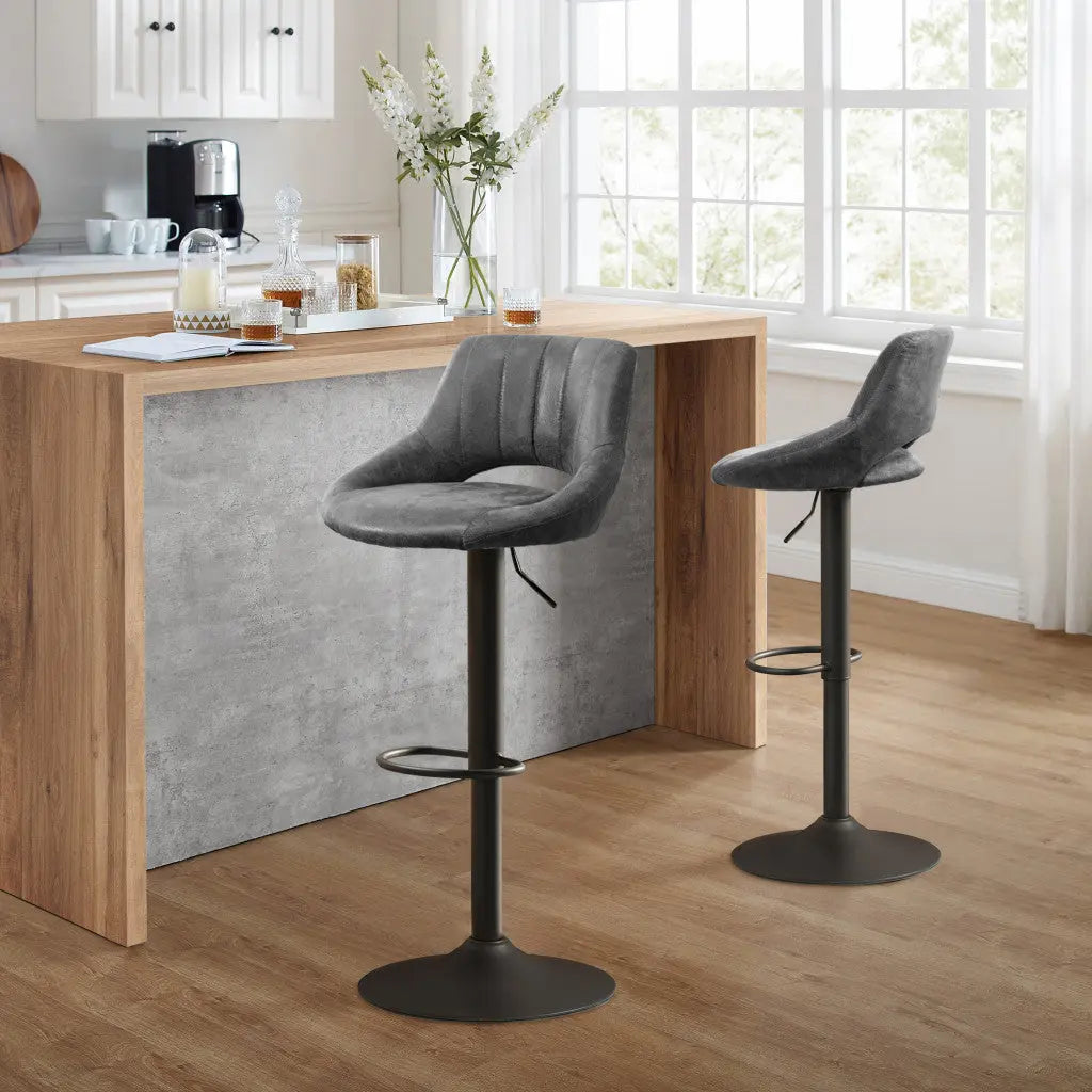Set of Two 32" Gray And Black Faux Leather And Steel Swivel Low Back Adjustable Height Bar Chairs Homeroots Living Room