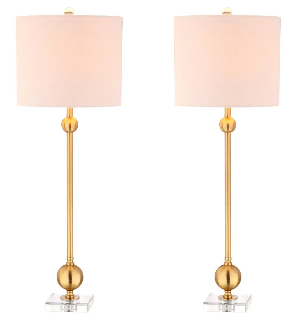 Set of Two 35" Clear And Brass Table Lamps With Drum Shades Homeroots Lighting