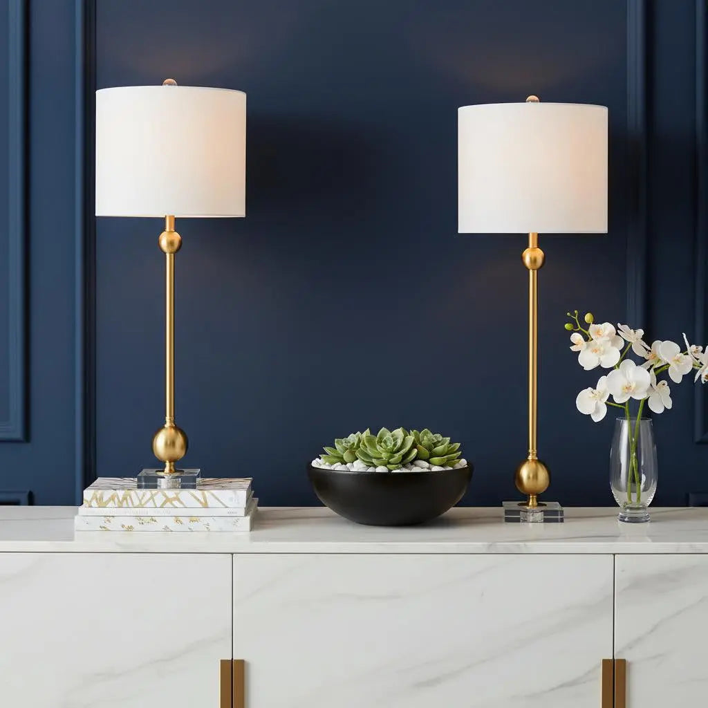 Set of Two 35" Clear And Brass Table Lamps With Drum Shades Homeroots Lighting