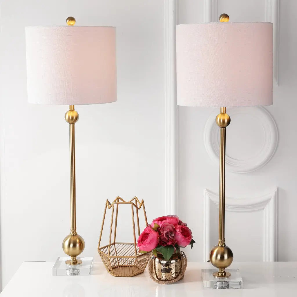 Set of Two 35" Clear And Brass Table Lamps With Drum Shades Homeroots Lighting