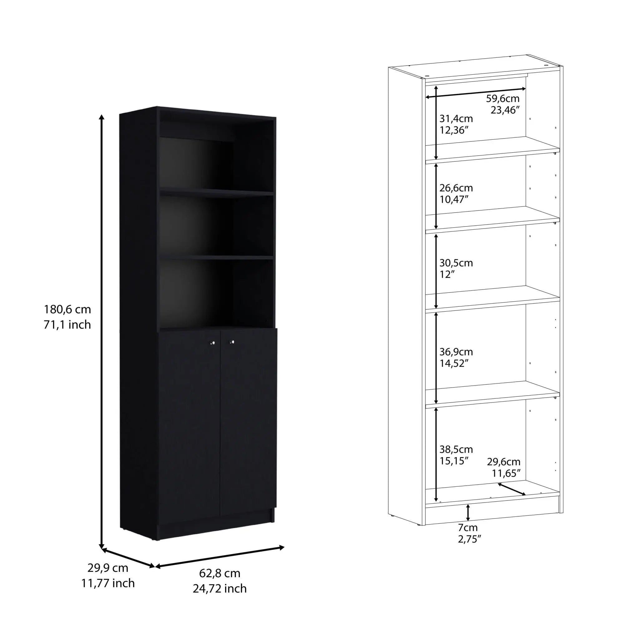 Set of Two 71" Black Bookcase With Two Doors Homeroots Office