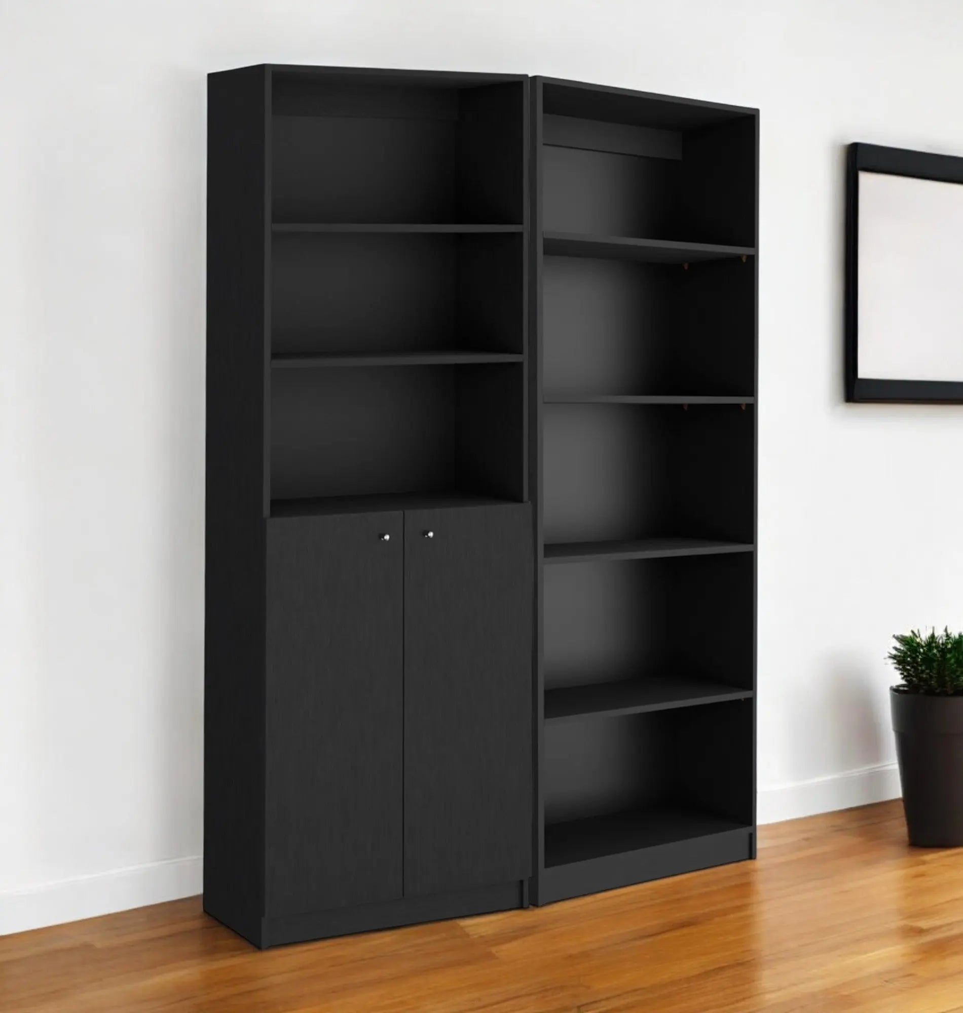 Set of Two 71" Black Five Tier Bookcase With Two Doors Homeroots Office