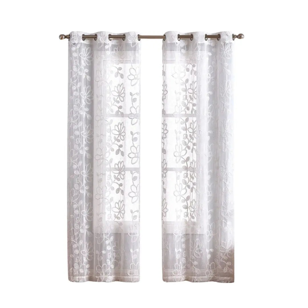 Set of Two 96" White Floral Embroidered Window Panels Homeroots Home Decor