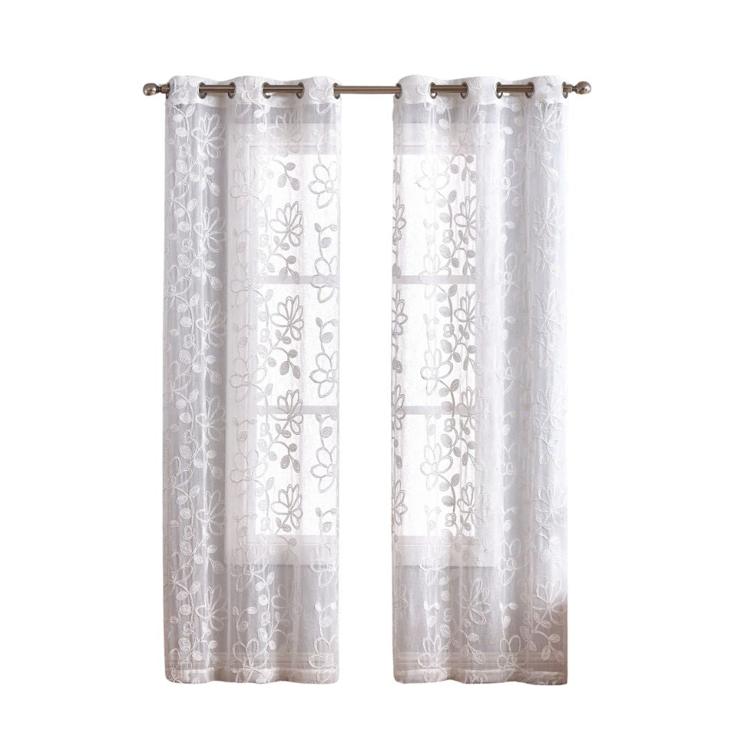 Set of Two 96" White Floral Embroidered Window Panels Homeroots Home Decor
