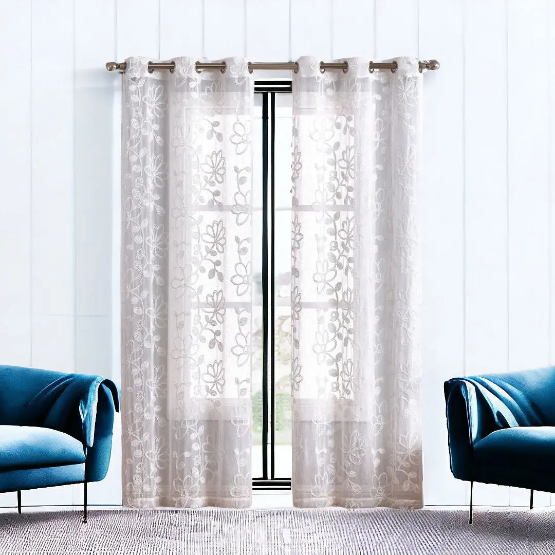 Set of Two 96" White Floral Embroidered Window Panels Homeroots Home Decor