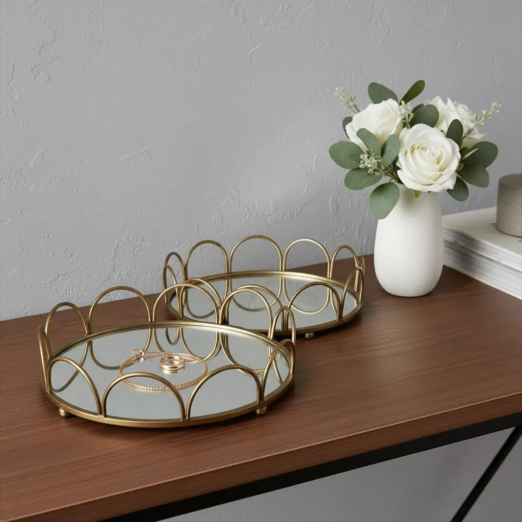 Set of Two Antiqued Gold Metal And Mirrored Glass Round Vanity Trays Homeroots Kitchen & Dining