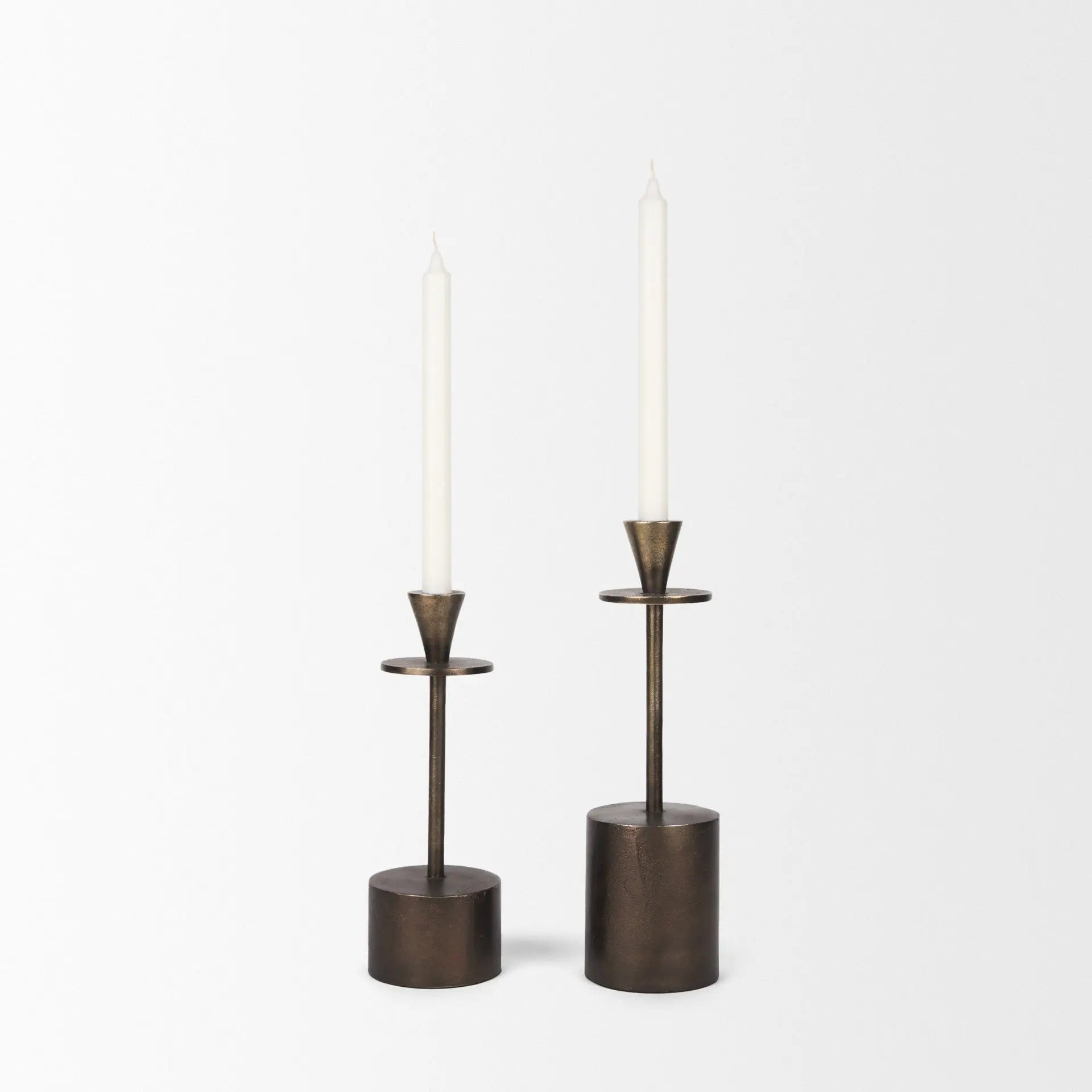 Set of Two Antiqued Gold Metal Floor Taper Candlesticks Homeroots Home Decor