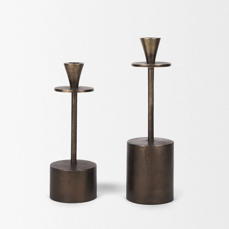 Set of Two Antiqued Gold Metal Floor Taper Candlesticks Homeroots Home Decor
