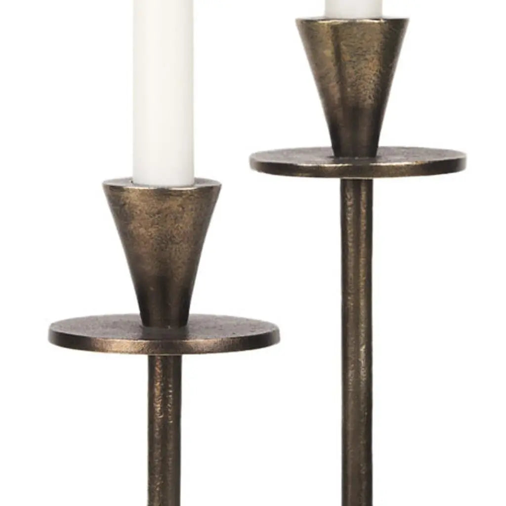 Set of Two Antiqued Gold Metal Floor Taper Candlesticks Homeroots Home Decor