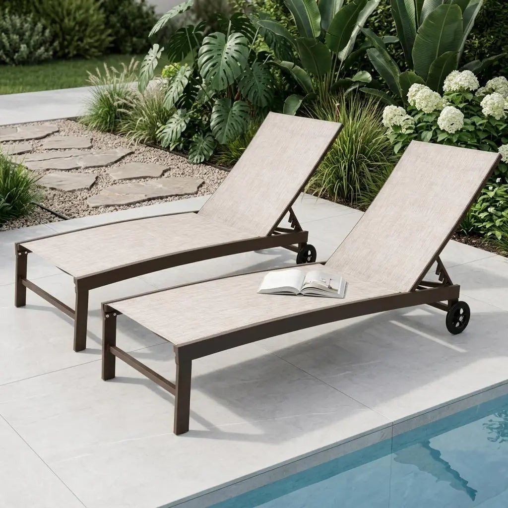 Set of Two Beige Aluminum Five Position Adjustable Outdoor Chaise Lounges Homeroots Outdoor