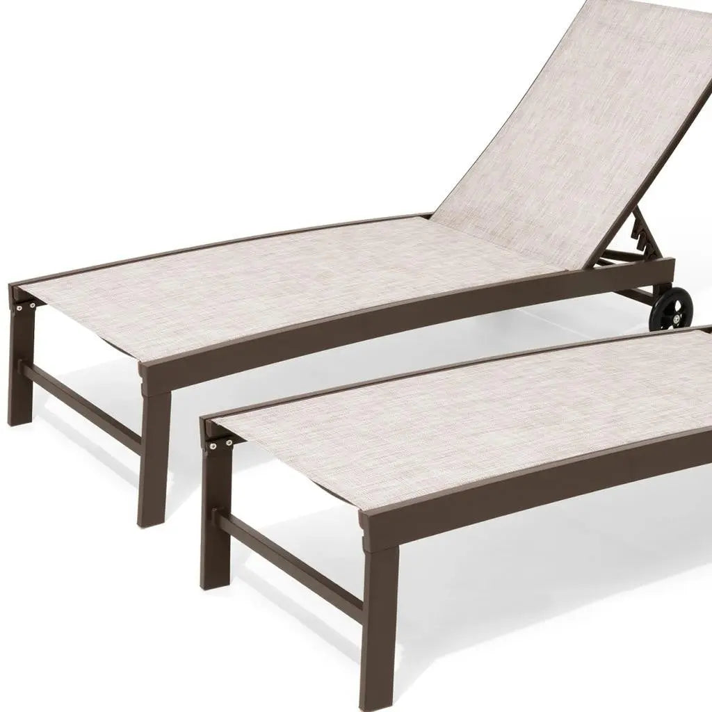 Set of Two Beige Aluminum Five Position Adjustable Outdoor Chaise Lounges Homeroots Outdoor