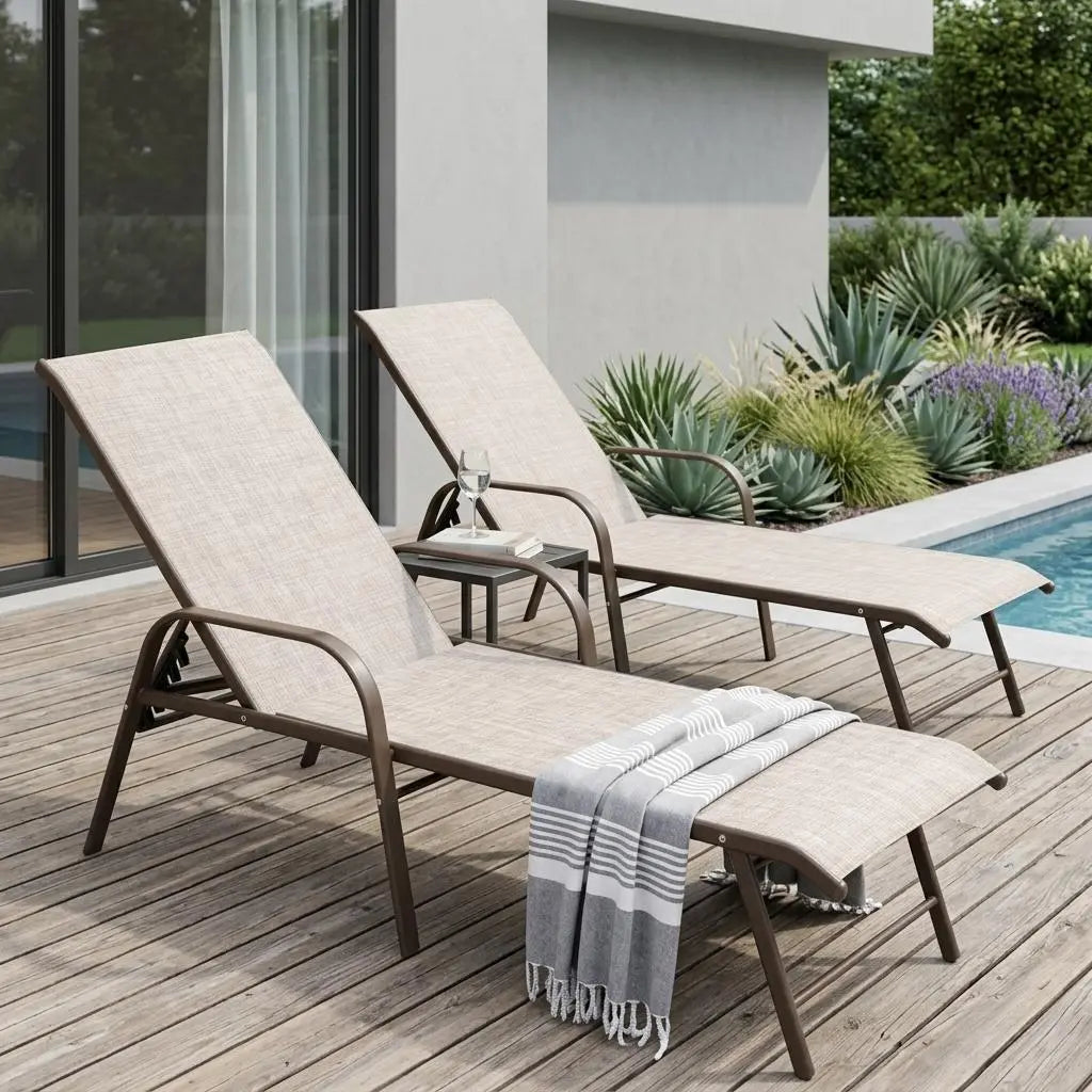 Set of Two Beige Aluminum Six Position Adjustable Outdoor Stacking Chaise Lounges Homeroots Outdoor