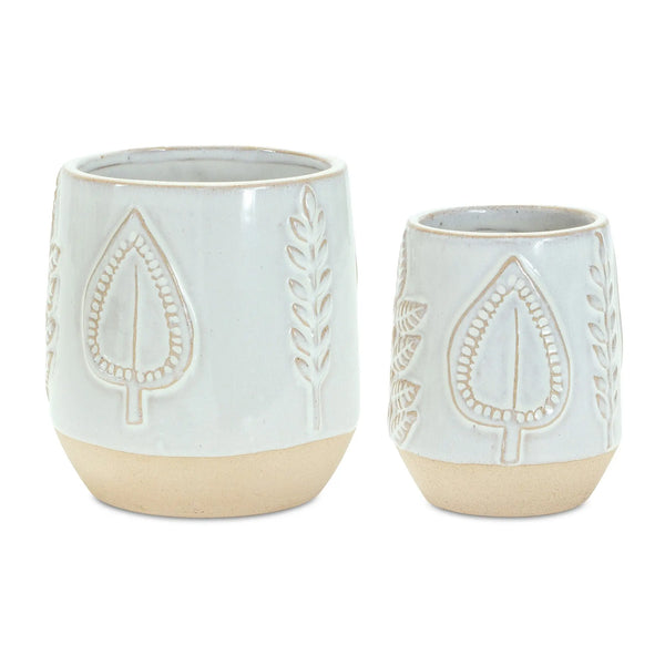 Set of Two Beige And Gray Porcelain 4 Ounce Leaf Round Pot Planters Homeroots Home Decor