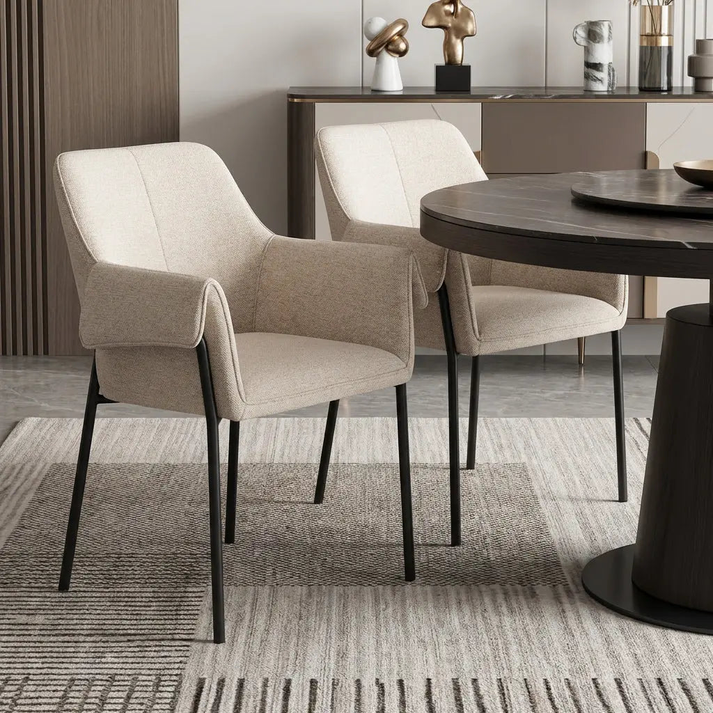 Set of Two Beige and Black Fabric Dining Arm Chairs Homeroots Kitchen & Dining