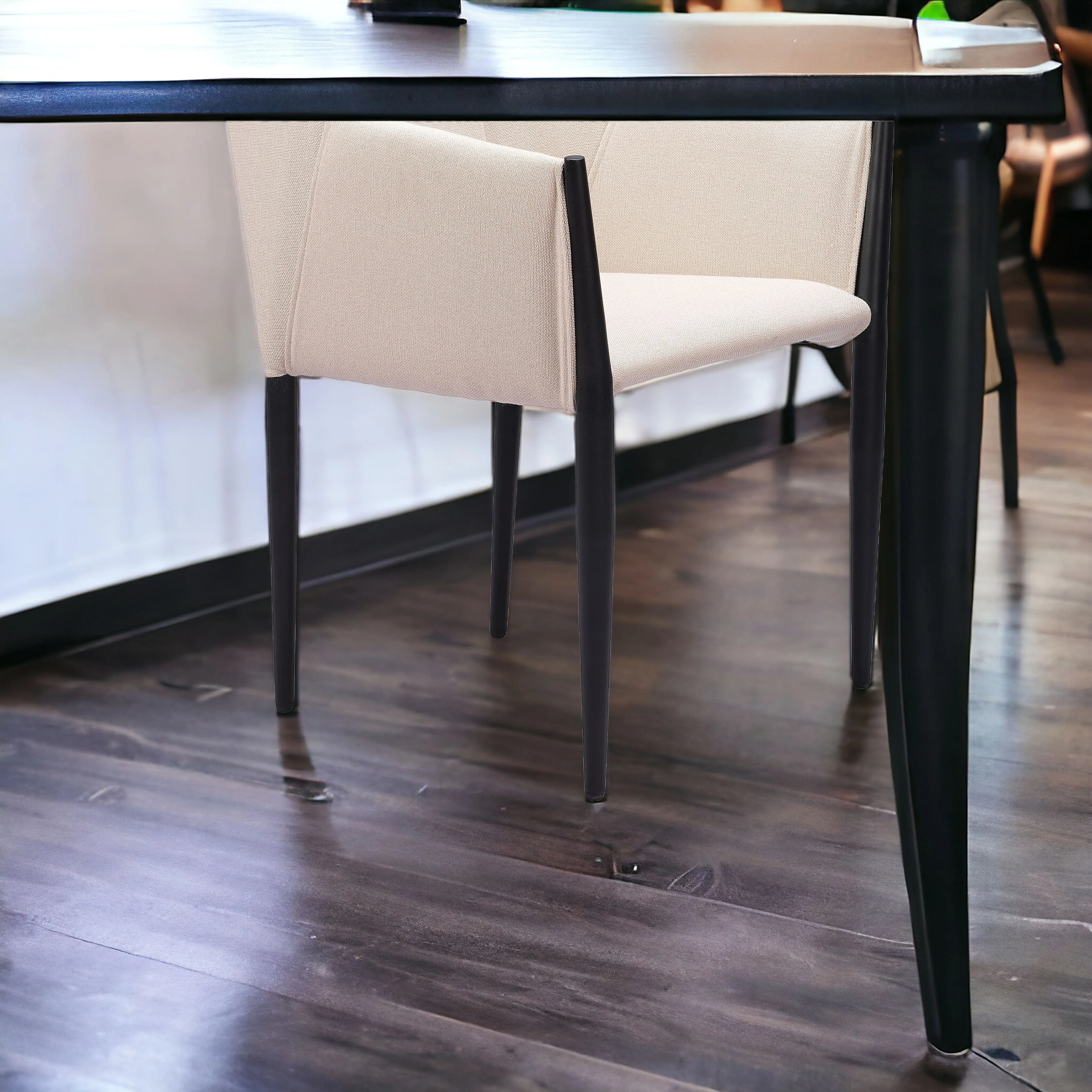 Set of Two Beige and Black Upholstered Fabric Dining Arm Chairs Homeroots
