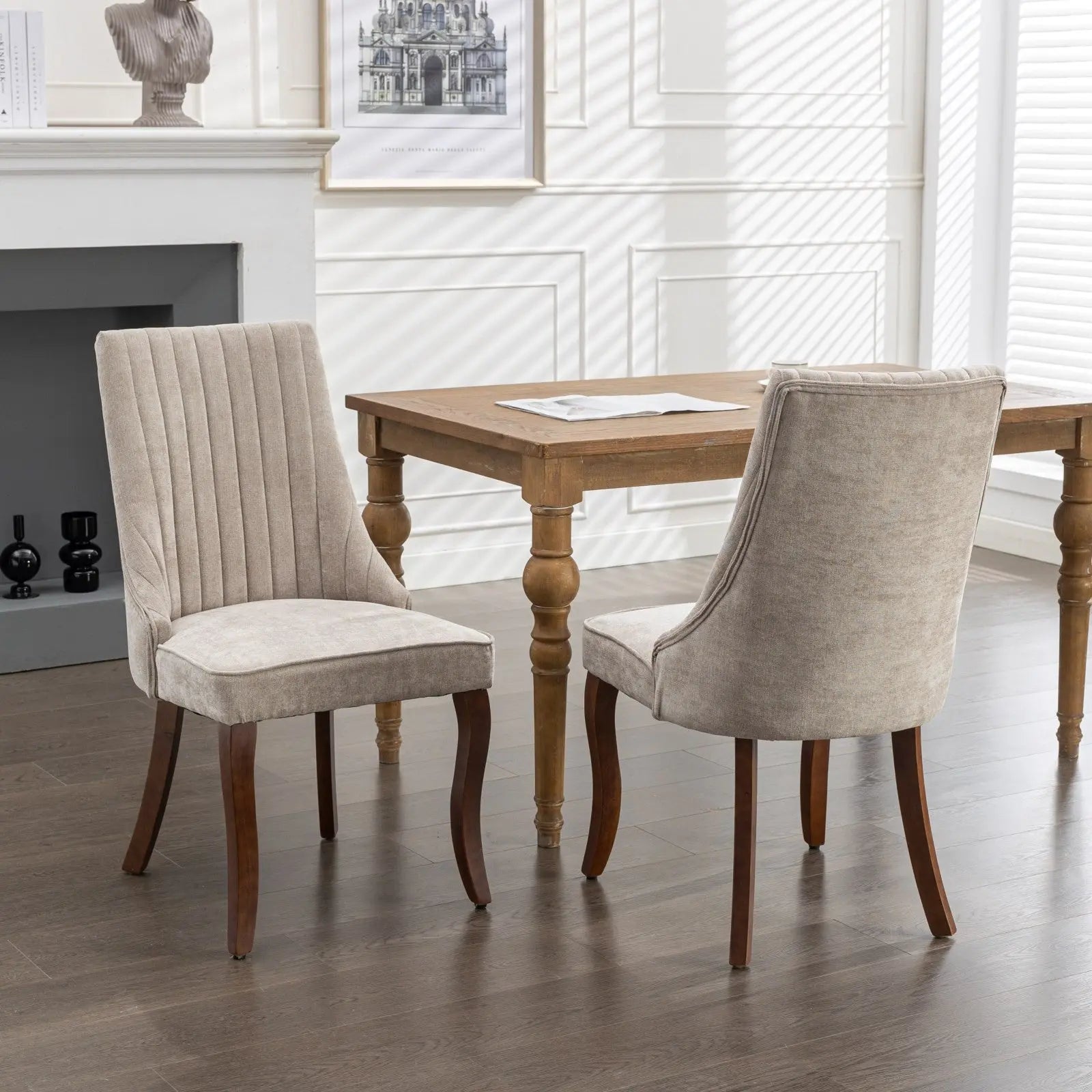 Set of Two Beige and Brown Tufted Solid Wood Dining Side Chairs Homeroots Kitchen & Dining