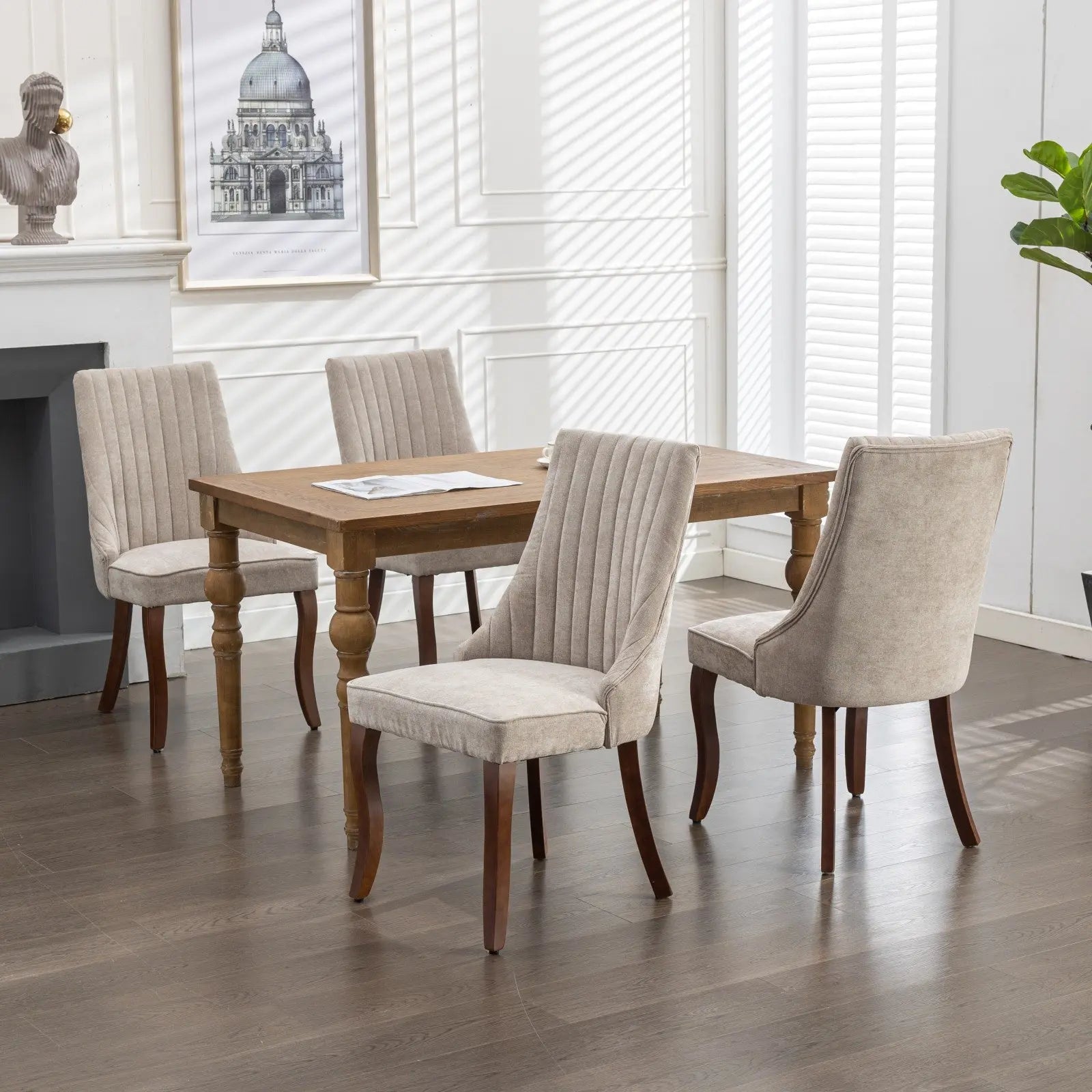 Set of Two Beige and Brown Tufted Solid Wood Dining Side Chairs Homeroots Kitchen & Dining