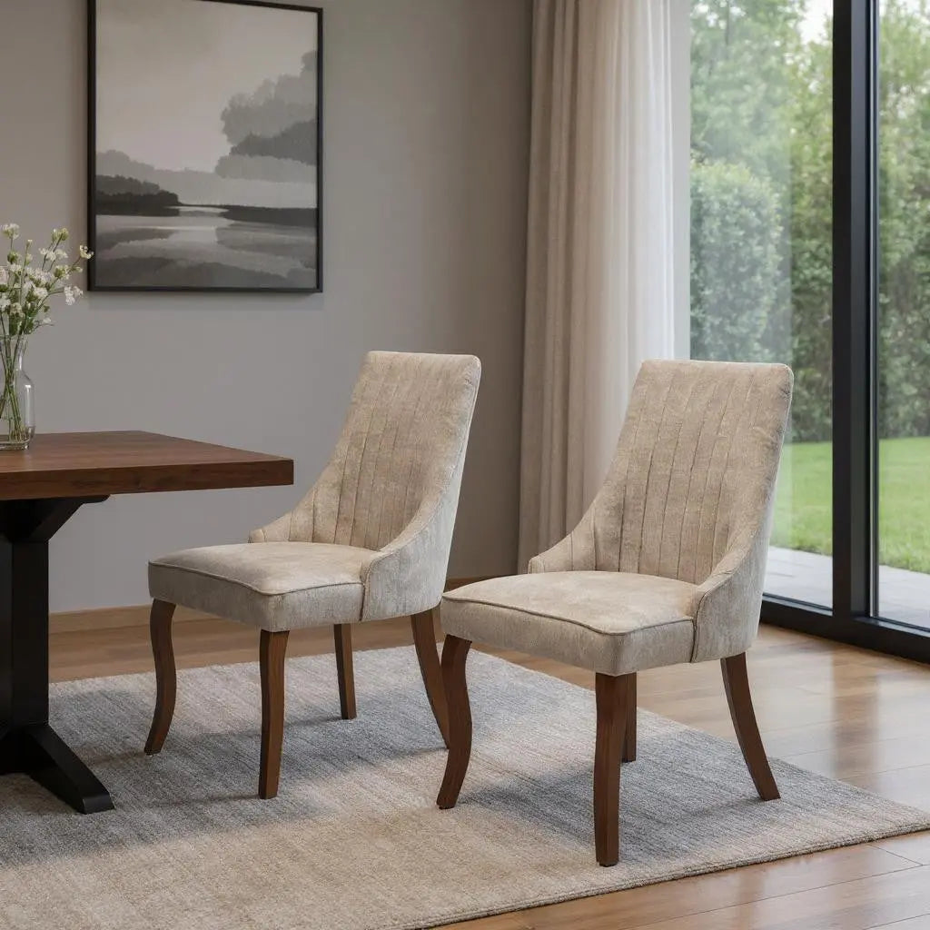 Set of Two Beige and Brown Tufted Solid Wood Dining Side Chairs Homeroots Kitchen & Dining