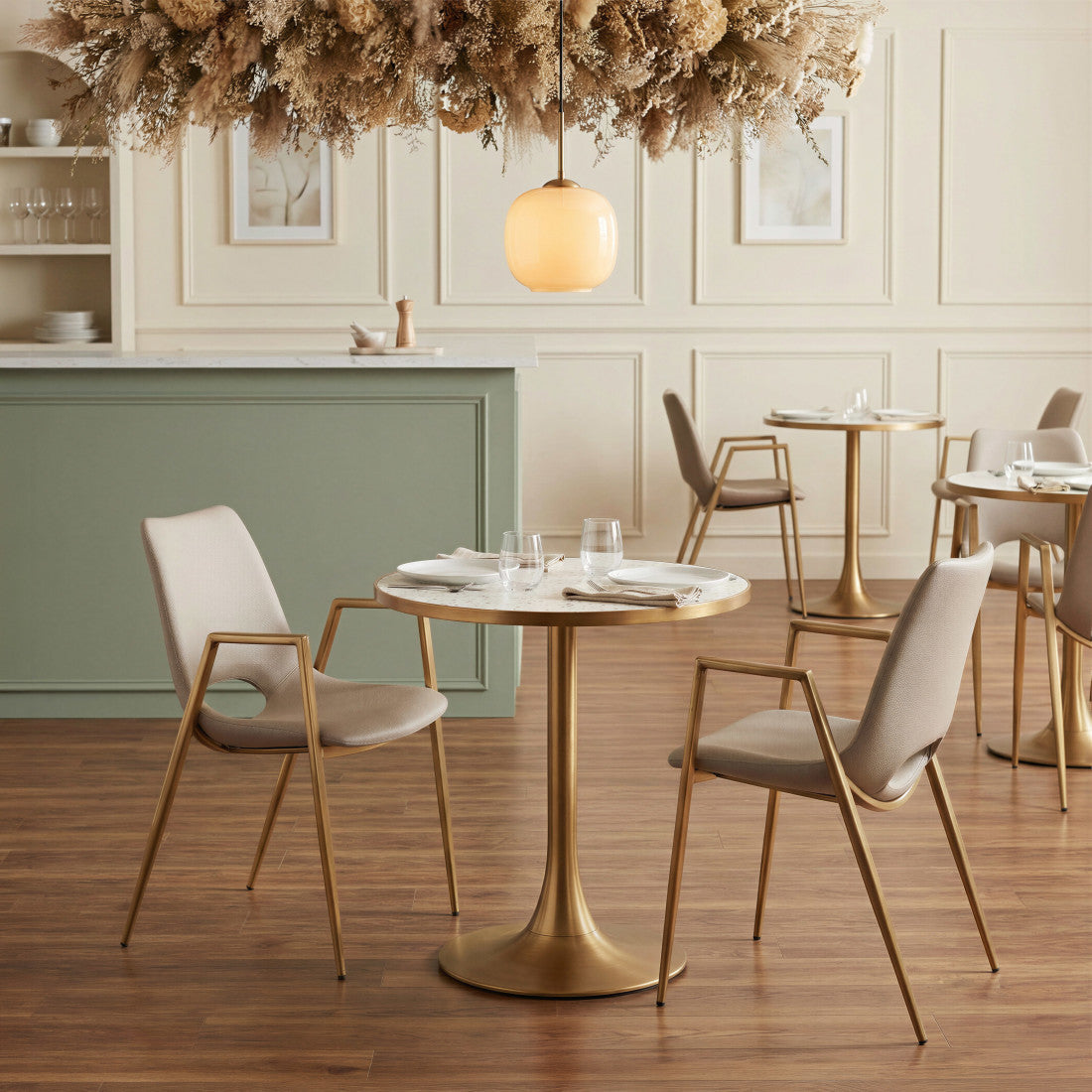 Set of Two Beige and Gold Faux Leather Open Back Dining Arm Chairs Homeroots Kitchen & Dining