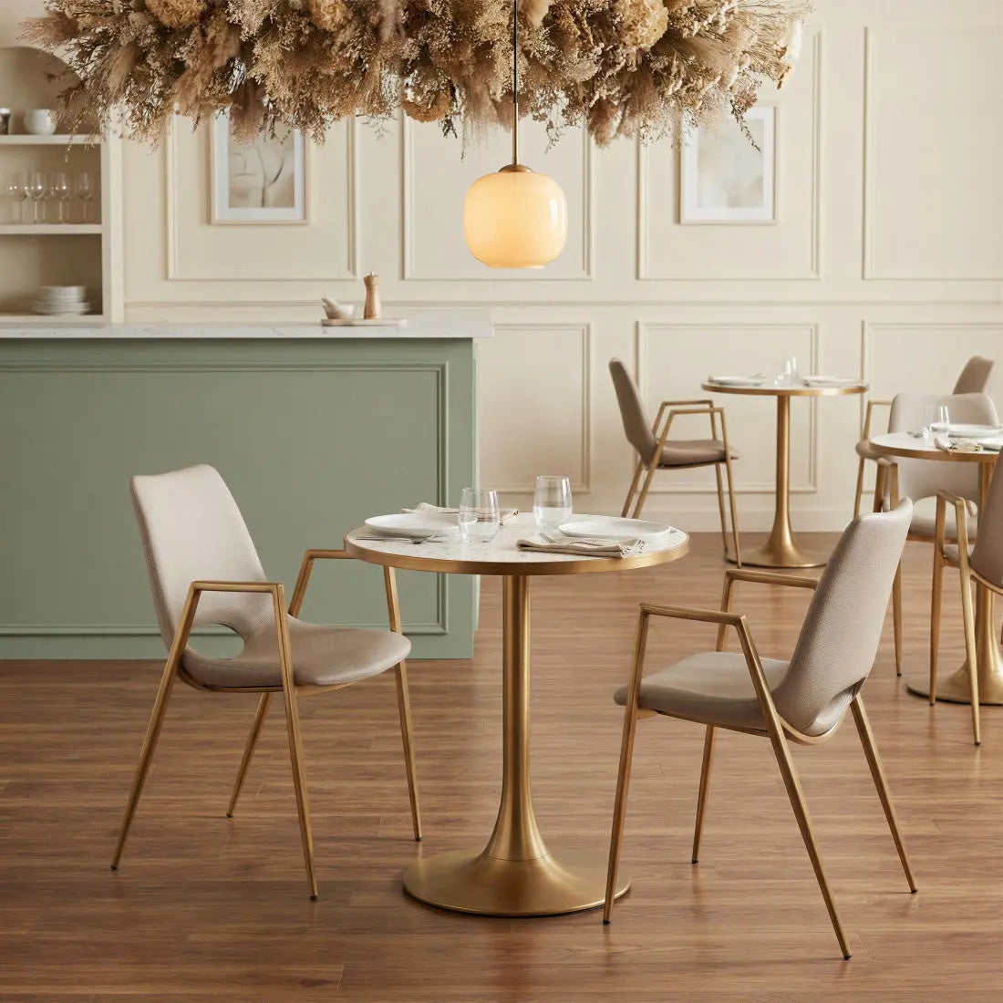Set of Two Beige and Gold Faux Leather Open Back Dining Arm Chairs Homeroots Kitchen & Dining