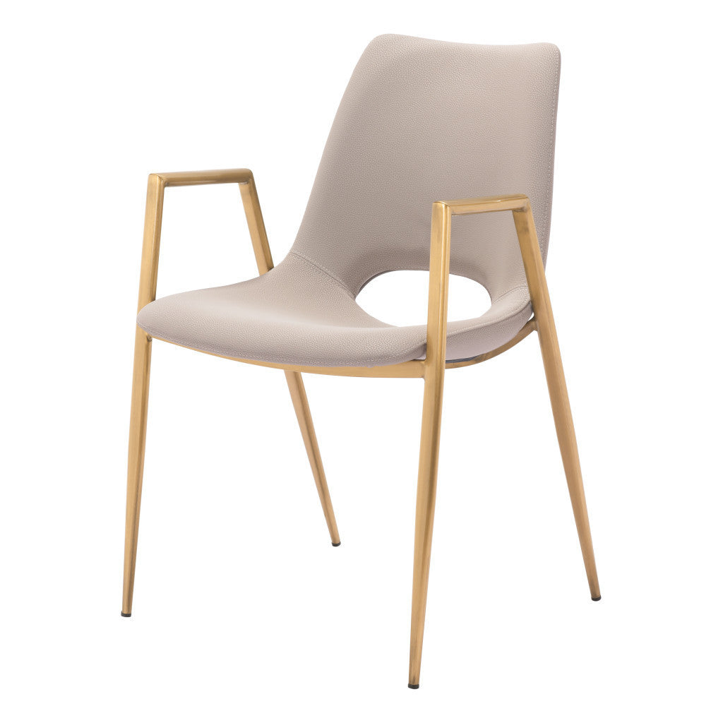 Set of Two Beige and Gold Faux Leather Open Back Dining Arm Chairs Homeroots Kitchen & Dining