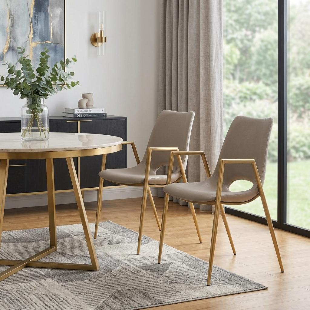 Set of Two Beige and Gold Faux Leather Open Back Dining Arm Chairs Homeroots Kitchen & Dining