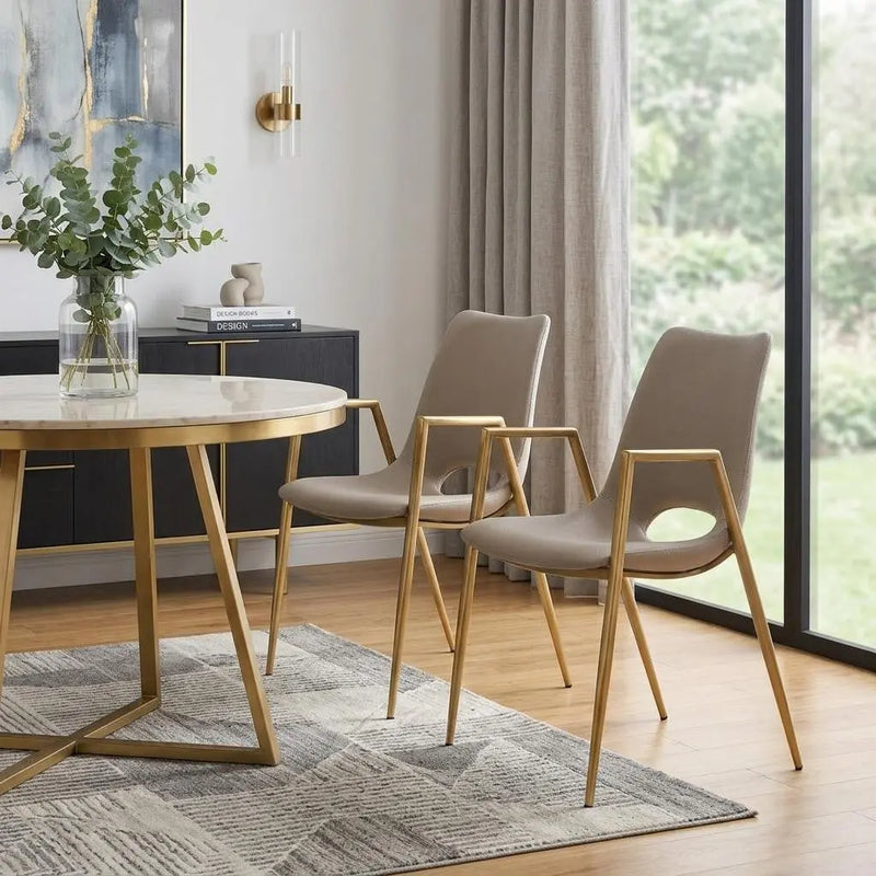 Set of Two Beige and Gold Faux Leather Open Back Dining Arm Chairs Homeroots Kitchen & Dining