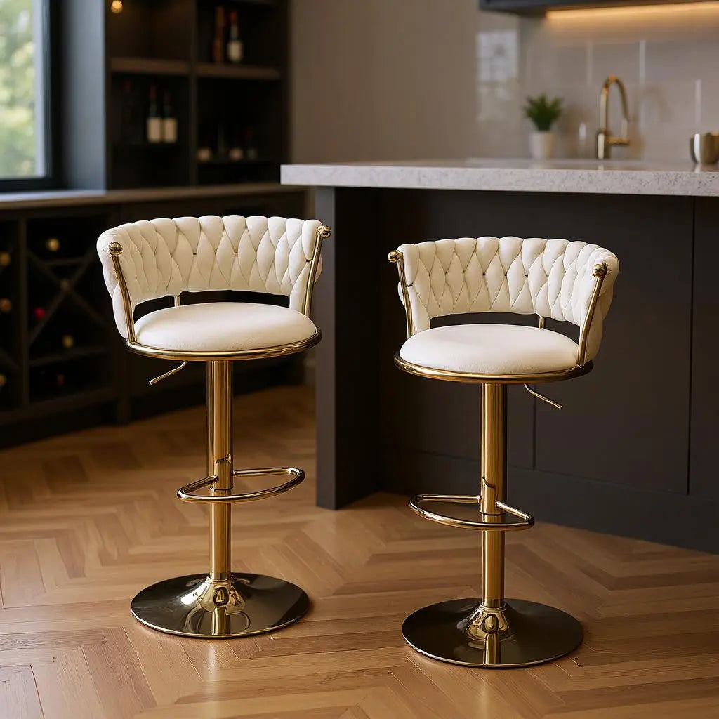 Set of Two Beige and Gold Velvet and Metal Low Back Adjustable Height Swivel Bar Chairs Homeroots Living Room