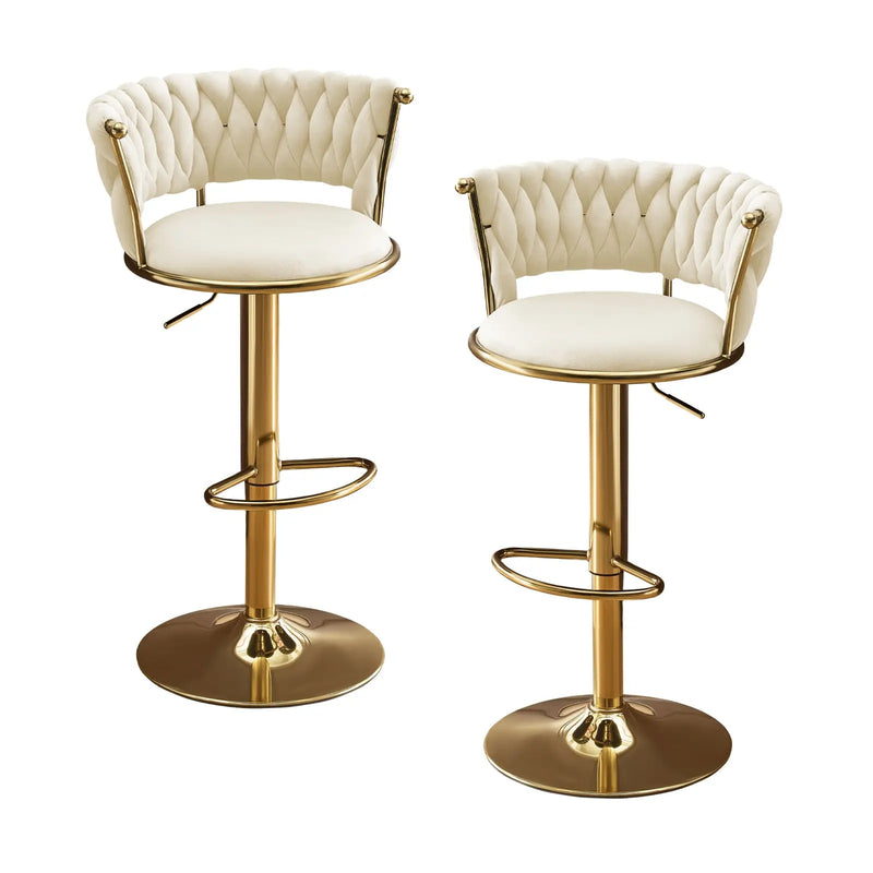 Set of Two Beige and Gold Velvet and Metal Low Back Adjustable Height Swivel Bar Chairs Homeroots Living Room