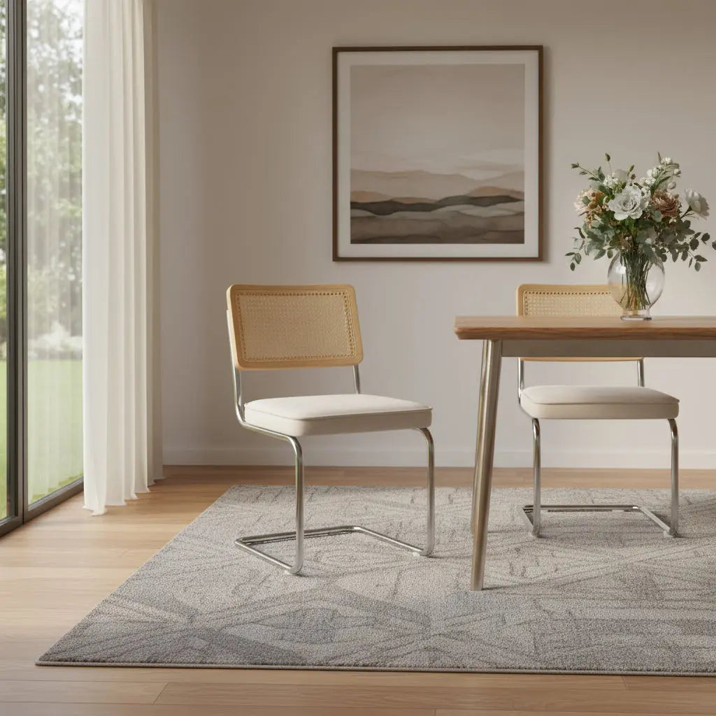 Set of Two Beige and Silver Tufted Stainless Steel Partially Open Back Dining Side Chairs Homeroots Kitchen & Dining
