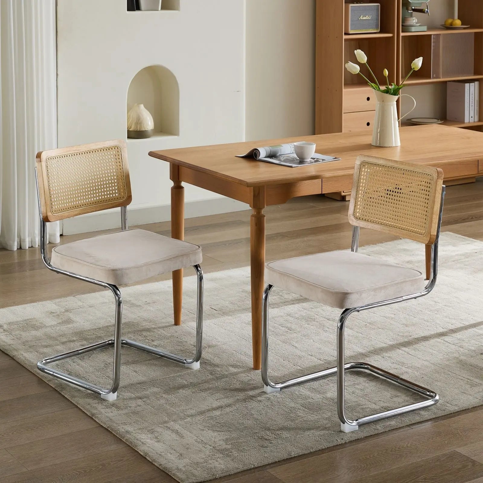 Set of Two Beige and Silver Tufted Stainless Steel Partially Open Back Dining Side Chairs Homeroots Kitchen & Dining