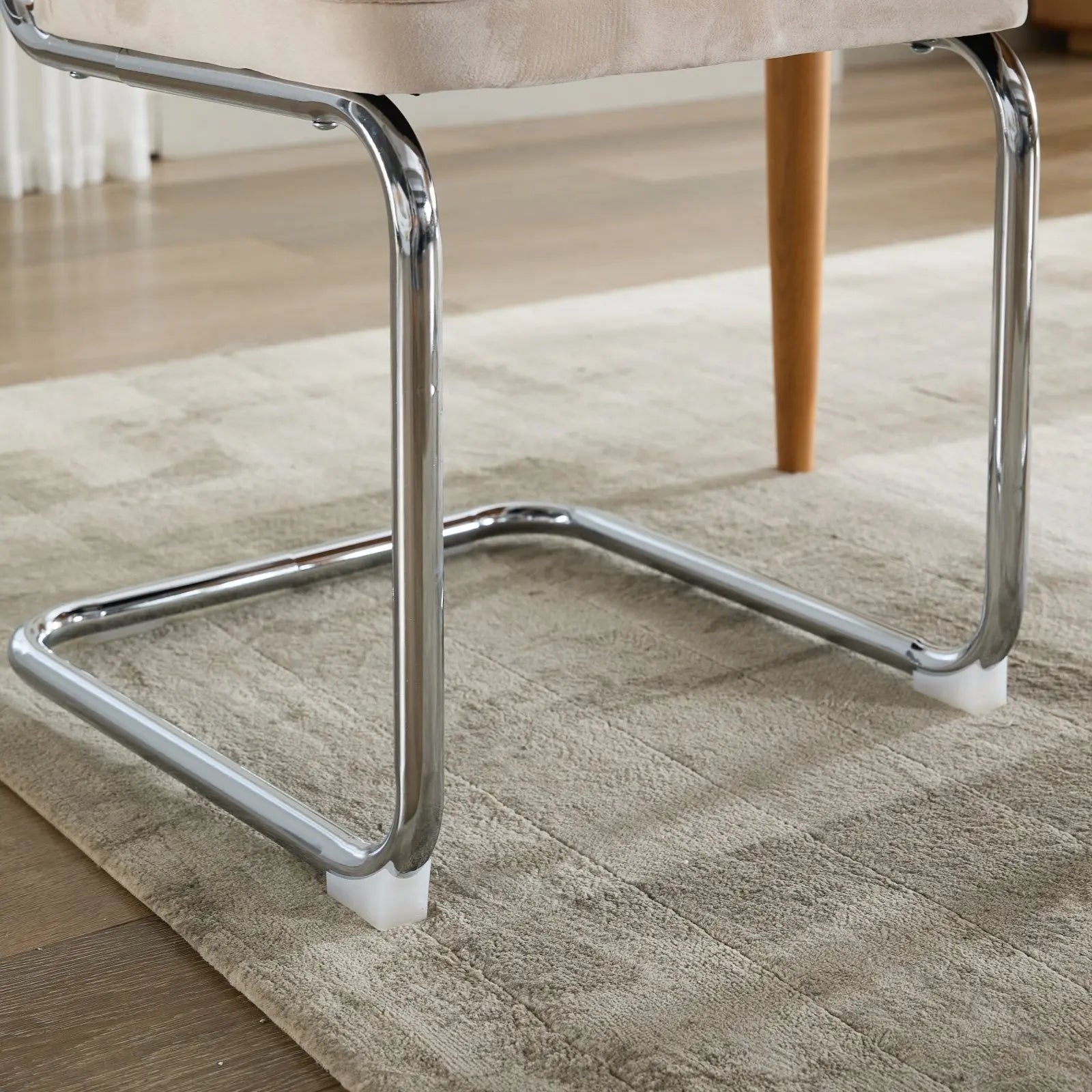 Set of Two Beige and Silver Tufted Stainless Steel Partially Open Back Dining Side Chairs Homeroots Kitchen & Dining