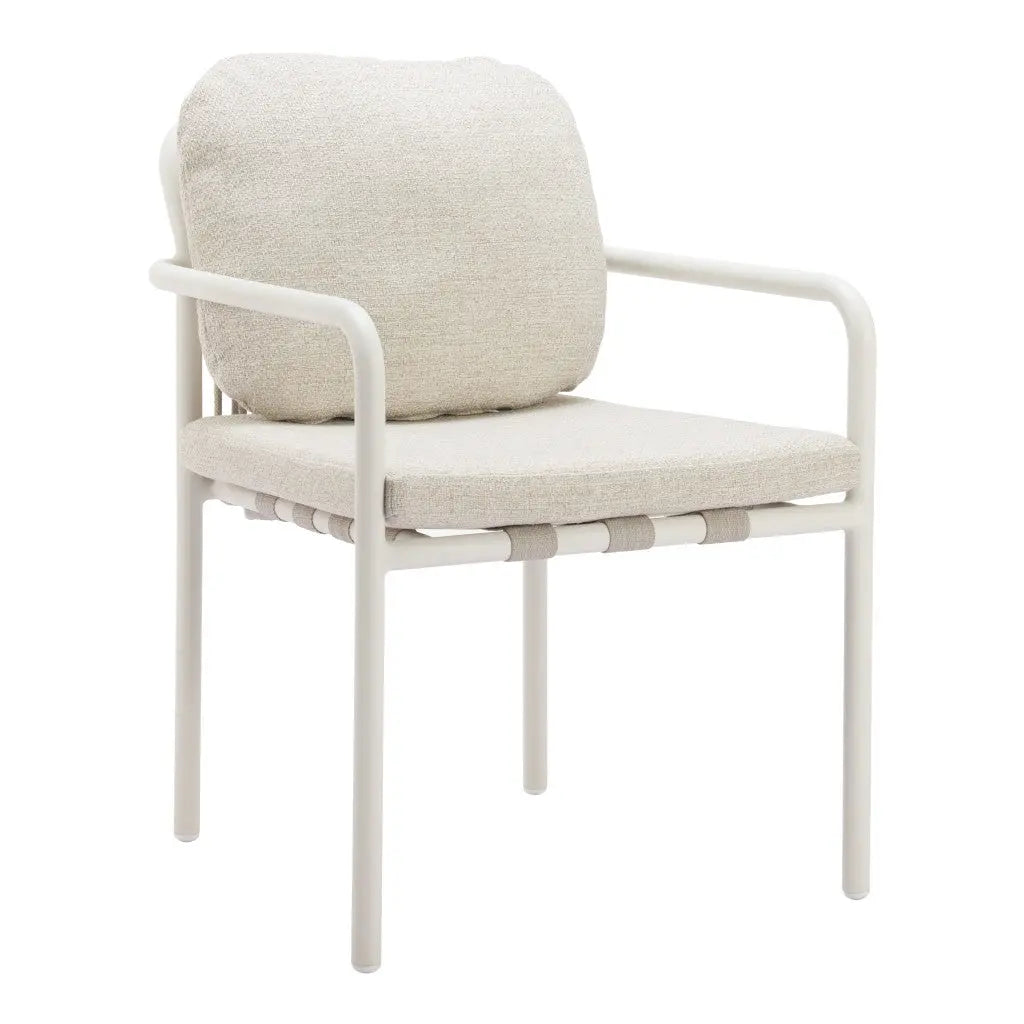 Set of Two Beige and White Slipcovered Upholstered And Aluminum Partially Open Back Dining Arm Chairs - GreatEagleInc