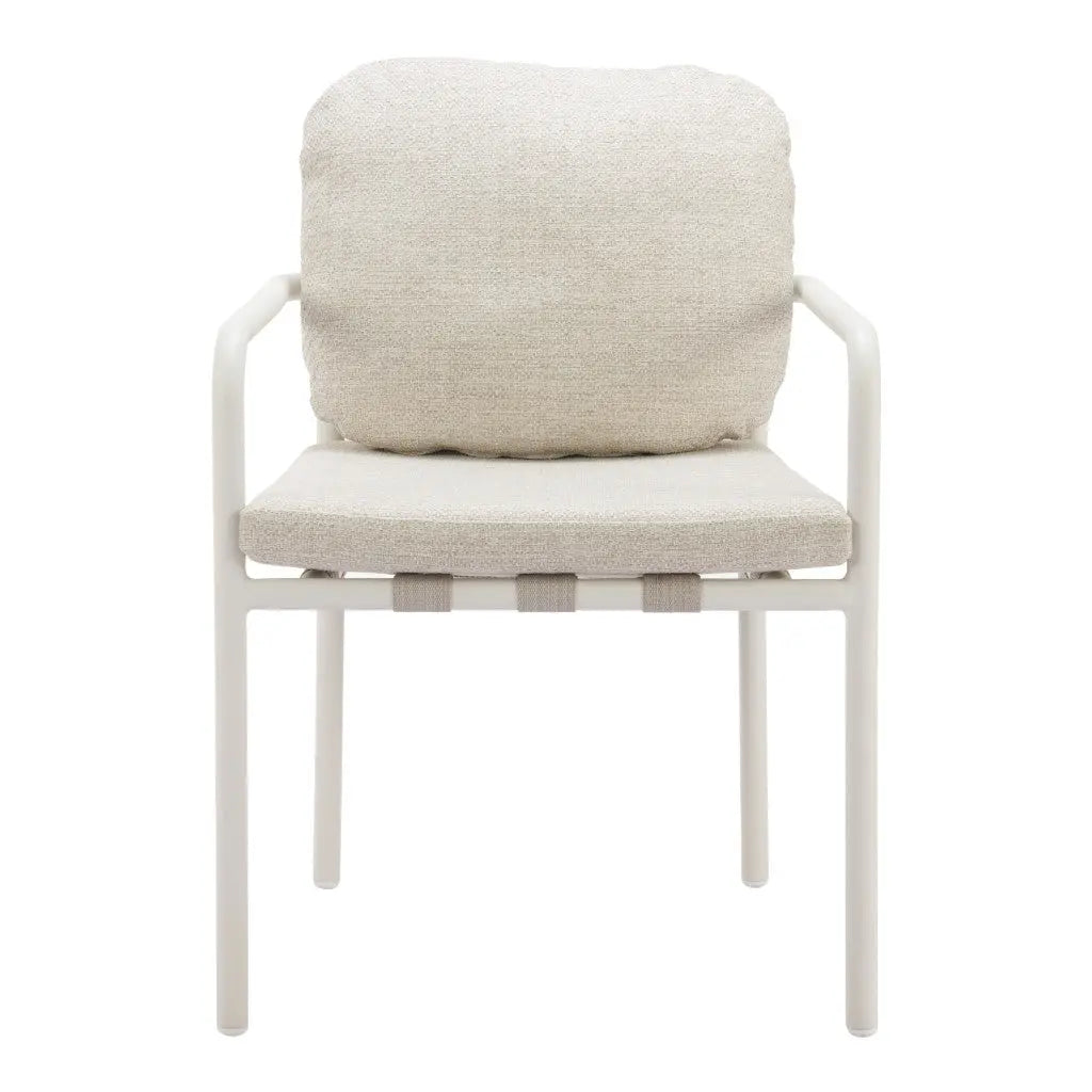 Set of Two Beige and White Slipcovered Upholstered And Aluminum Partially Open Back Dining Arm Chairs - GreatEagleInc