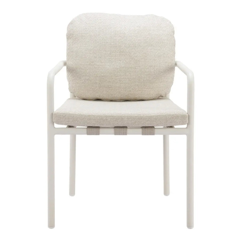 Set of Two Beige and White Slipcovered Upholstered And Aluminum Partially Open Back Dining Arm Chairs - GreatEagleInc