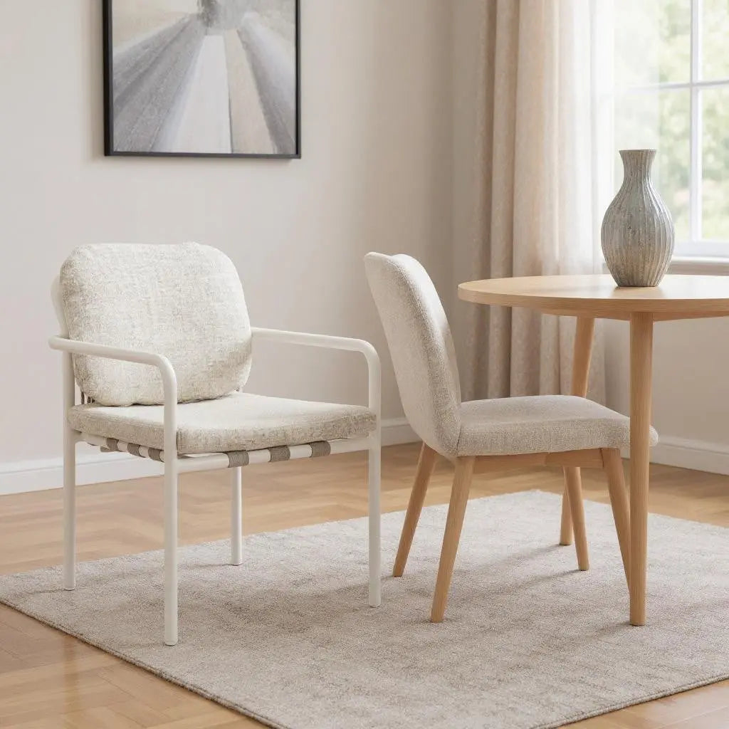 Set of Two Beige and White Slipcovered Upholstered And Aluminum Partially Open Back Dining Arm Chairs - GreatEagleInc