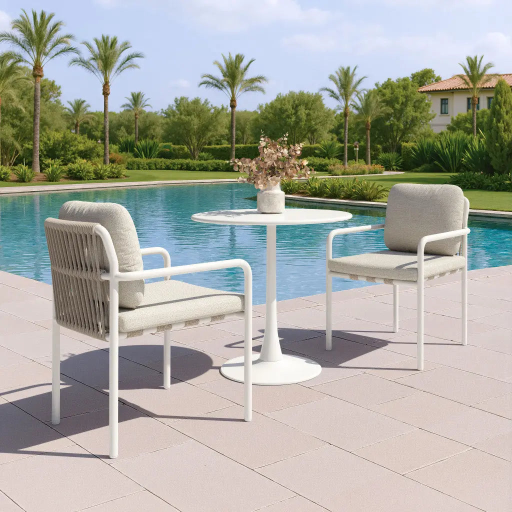 Set of Two Beige and White Slipcovered Upholstered And Aluminum Partially Open Back Dining Arm Chairs - GreatEagleInc