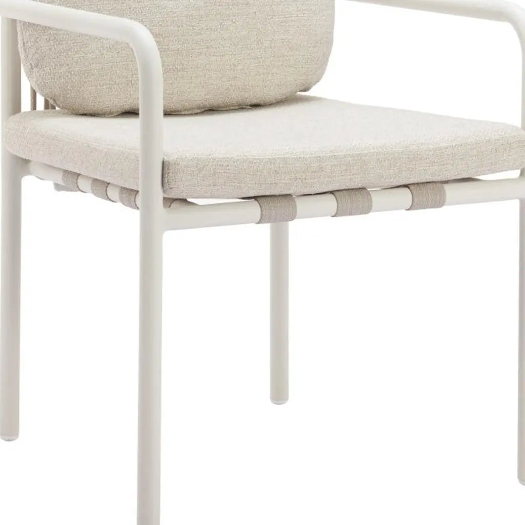 Set of Two Beige and White Slipcovered Upholstered And Aluminum Partially Open Back Dining Arm Chairs - GreatEagleInc