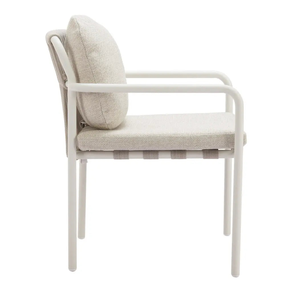 Set of Two Beige and White Slipcovered Upholstered And Aluminum Partially Open Back Dining Arm Chairs - GreatEagleInc
