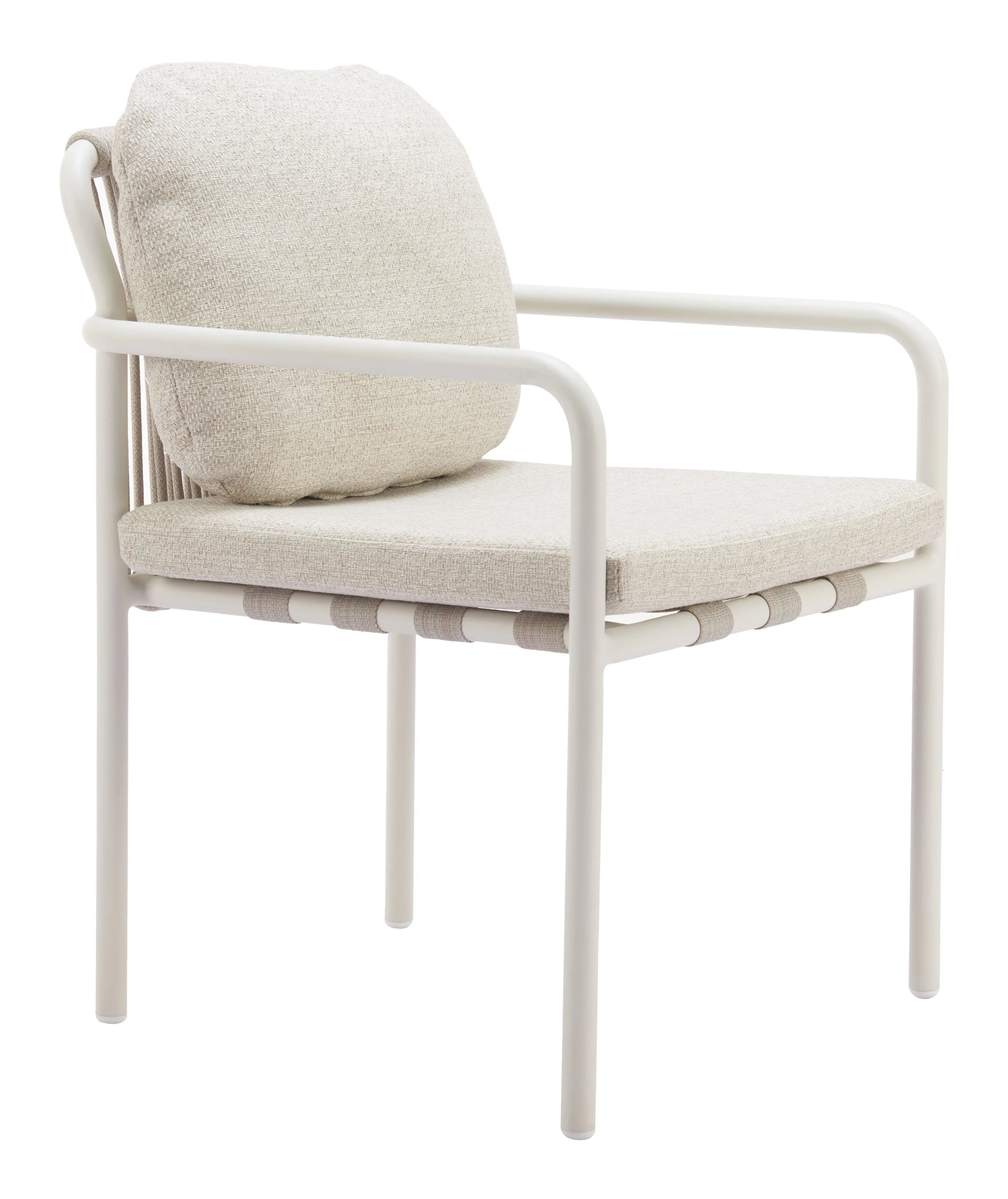 Set of Two Beige and White Slipcovered Upholstered And Aluminum Partially Open Back Dining Arm Chairs - GreatEagleInc