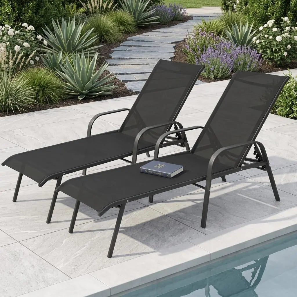 Set of Two Black Aluminum Six Position Adjustable Outdoor Chaise Lounges Homeroots Outdoor