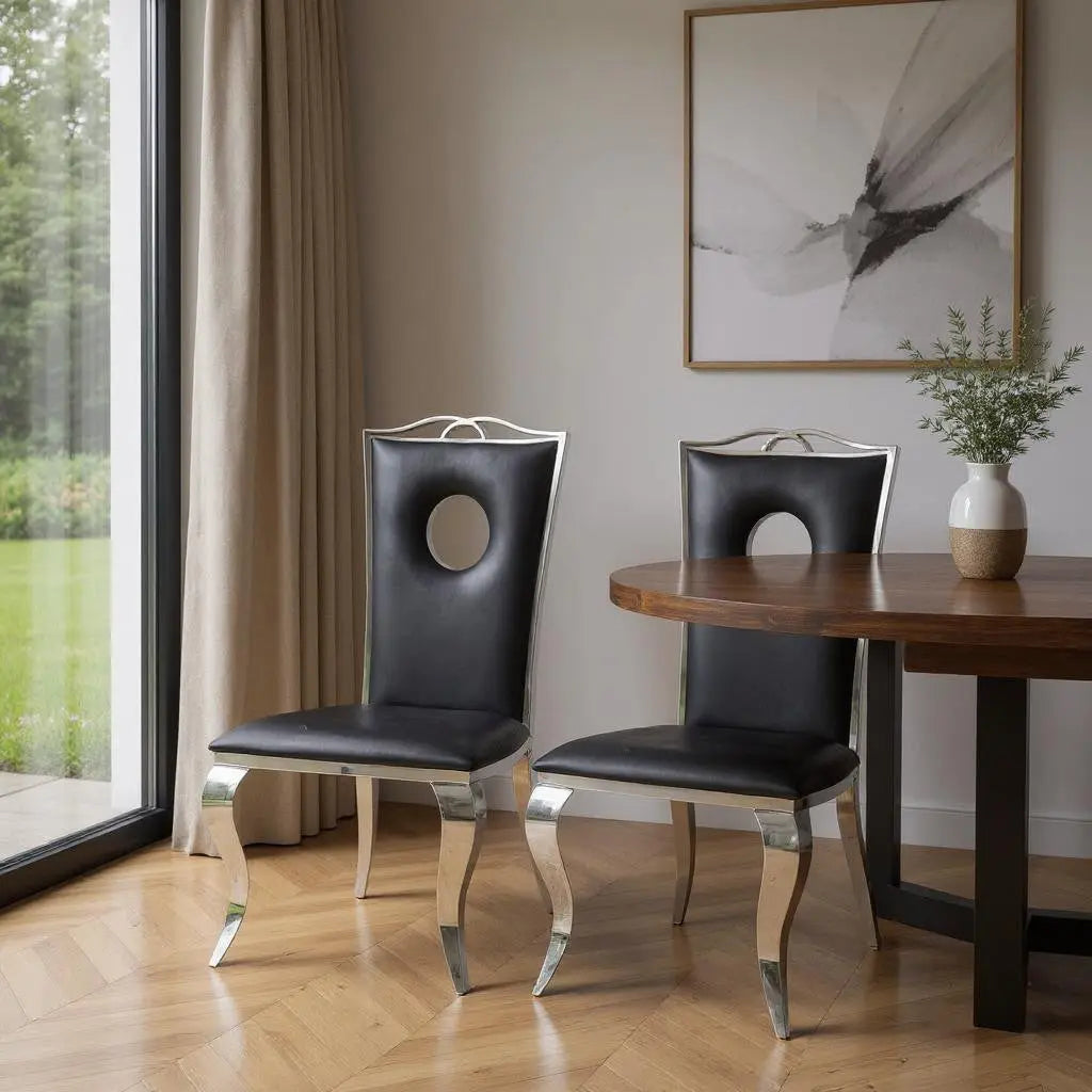 Set of Two Black And Silver Upholstered Faux Leather Dining Side Chairs - GreatEagleInc