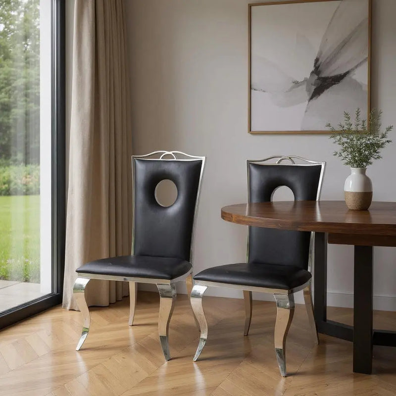 Set of Two Black And Silver Upholstered Faux Leather Dining Side Chairs - GreatEagleInc