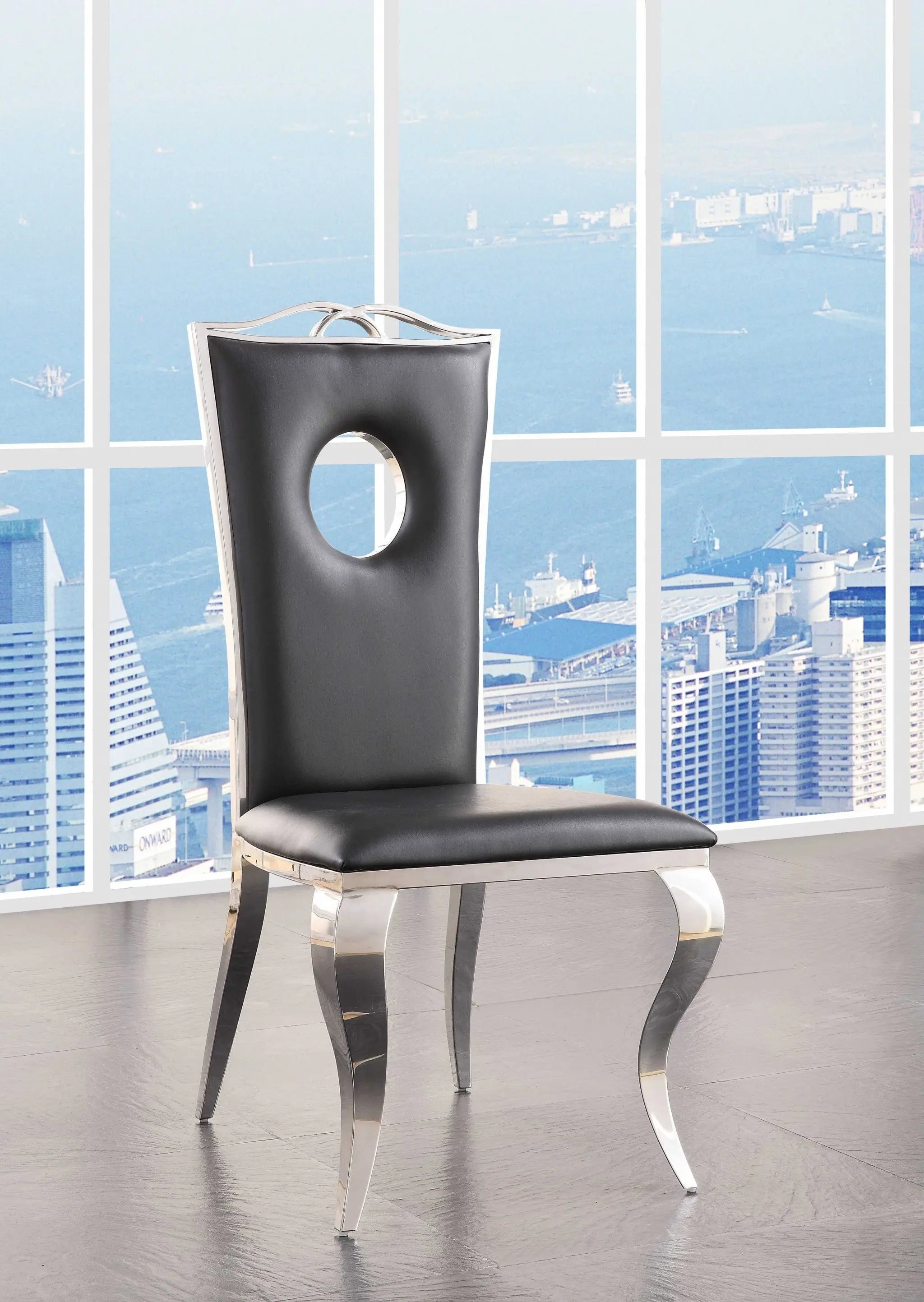 Set of Two Black And Silver Upholstered Faux Leather Dining Side Chairs - GreatEagleInc