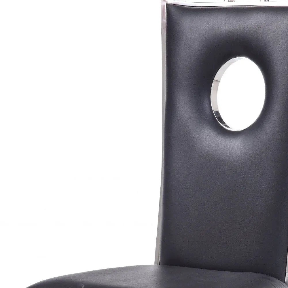 Set of Two Black And Silver Upholstered Faux Leather Dining Side Chairs - GreatEagleInc
