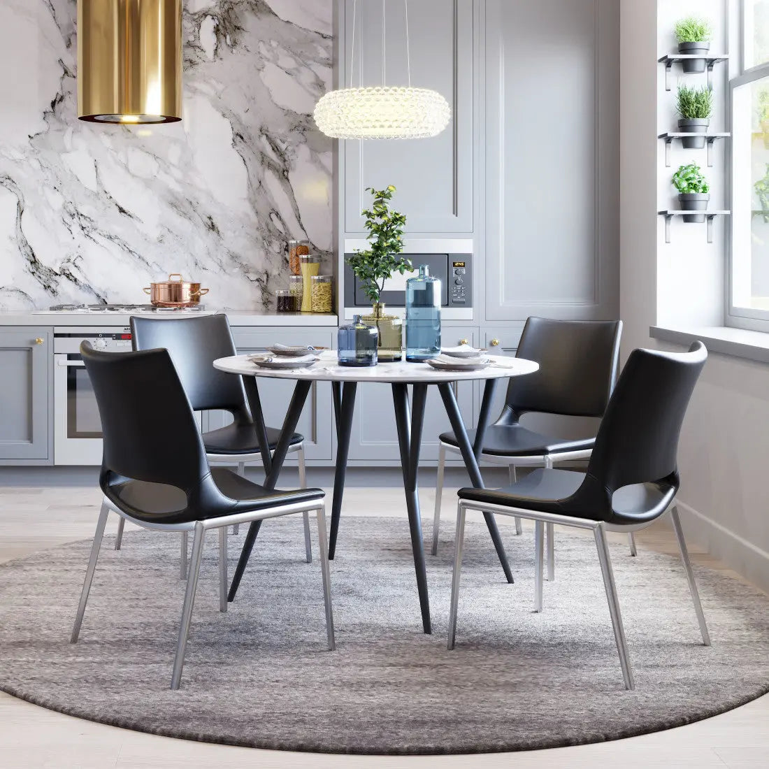 Set of Two Black And Silver Upholstered Faux Leather Open Back Dining Side Chairs Homeroots Kitchen & Dining