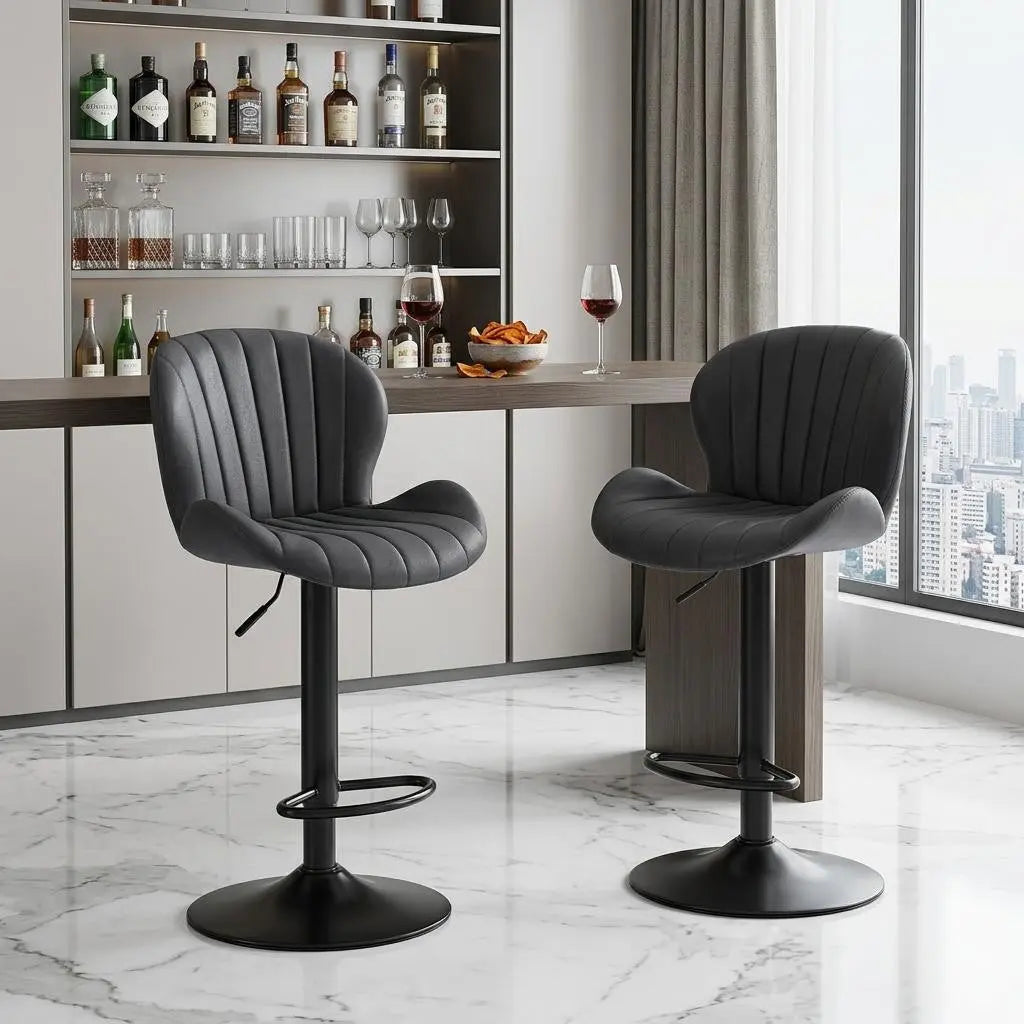 Set of Two Black Faux Leather and Aluminum Adjustable Height Swivel Bar Chairs Homeroots Living Room