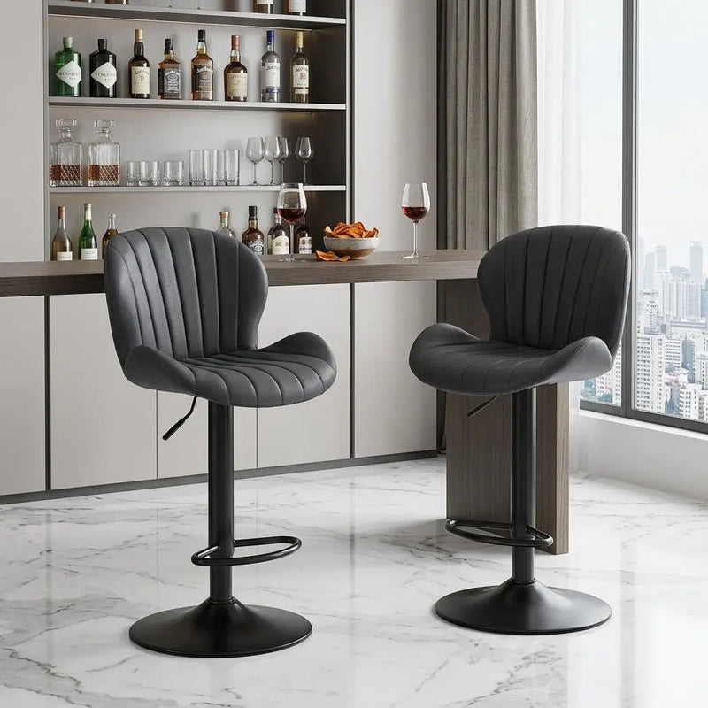 Set of Two Black Faux Leather and Aluminum Adjustable Height Swivel Bar Chairs Homeroots Living Room