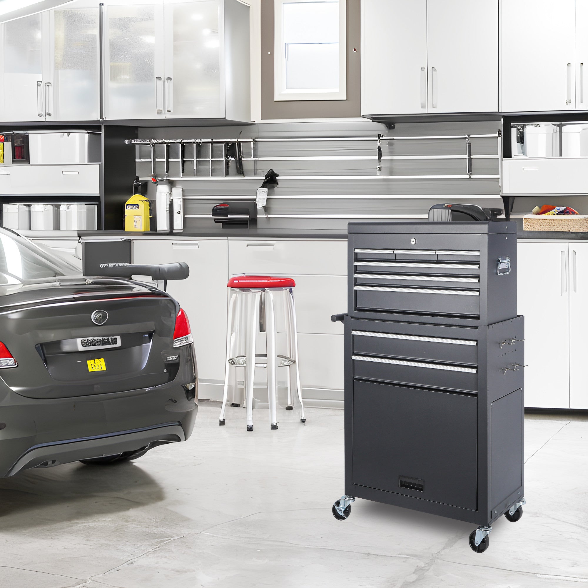Set of Two Black Multi-Tier Steel Rolling Cabinet With Lid - GreatEagleInc