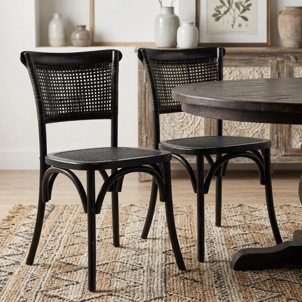 Set of Two Black Rattan Open Back Dining Side Chairs Homeroots Kitchen & Dining